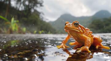 ai generato rana a il natura piscina nel verde tropicale foresta mostrando abbondante natura foto