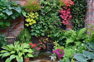 ai generato terrazza e balcone verde. giardini su il muri foto