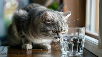 ai generato ritratto di un' gatto guardare a un' bicchiere di acqua. foto