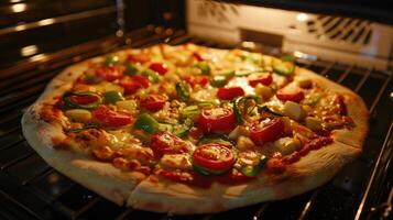 ai generato gustoso fatti in casa Pizza cucinando nel un forno a casa. foto