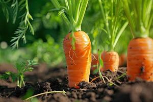 ai generato carota in crescita avvicinamento. vicino su carote in crescita nel campo. fresco verdura pianta di carota. foto