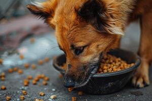 ai generato Visualizza di cane mangiare cibo a partire dal un' ciotola. foto