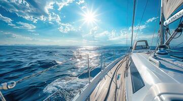 ai generato Visualizza a partire dal yacht cabina di pilotaggio su un' soleggiato blu cielo, foto