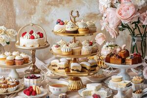 ai generato oro tre livelli vassoio pieno con assortito e diverso torte e pasticcini foto