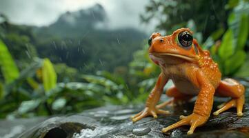 ai generato rana a il natura piscina nel verde tropicale foresta mostrando abbondante natura foto