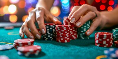 ai generato un' avvicinamento foto di un' womans mani accuratamente impilamento un' mucchio di rosso poker patatine fritte su un' tavolo. il donna è messa a fuoco intensamente su sua compito, la creazione di un' pulito, organizzato preparativi di il patatine fritte