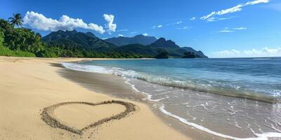 ai generato un' cuore forma ha stato disegnato nel il sabbia su un' soleggiato spiaggia. il intricato Linee di il cuore In piedi su contro il liscio struttura di il sabbioso costa, foto