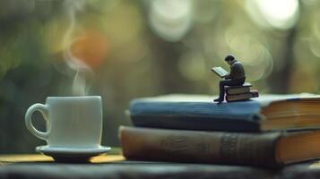 ai generato un' miniatura uomo seduta su superiore di libri lettura con caffè tazza foto