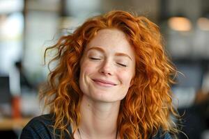 ai generato un' Candido ritratto di un' donna con Riccio rosso capelli e lentiggini, sua occhi chiuso nel risata, trasudante felicità e spensierato energia foto