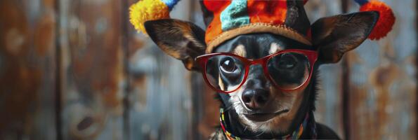 ai generato cane indossa bicchieri e cappello foto