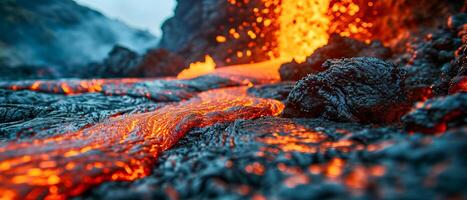 ai generato drammatico avvicinamento di raggiante fuso lava flusso contro un' attenuazione cielo, evidenziazione della natura crudo energia foto