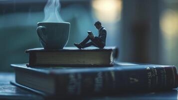 ai generato un' miniatura uomo seduta su superiore di libri lettura con caffè tazza foto
