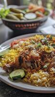 ai generato pollo biryani su un' bianca piatto foto