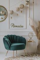 ai generato Ramadan a tema decorazioni velluto sedia Il prossimo per il parola Ramadan foto