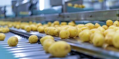 ai generato avvicinamento di il produzione laboratorio a il giapponese grande patate fabbrica, completamente automatico produzione Linee. foto