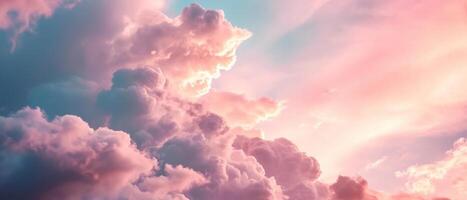 ai generato pastello rosa nuvole a tramonto cielo. morbido pastello rosa e blu tonalità dipingere un' tranquillo tramonto cielo con ondeggiante nube formazioni foto