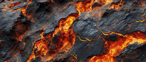 ai generato avvicinamento Visualizza di vivace fuso lava flusso in mostra il dinamico textures e intenso calore foto