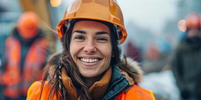 ai generato un' donna è visto indossare un' difficile cappello e sicurezza veste, in mostra fiducia nel un' costruzione ambientazione. lei è preparato per opera e mostre professionalità nel sua abbigliamento foto