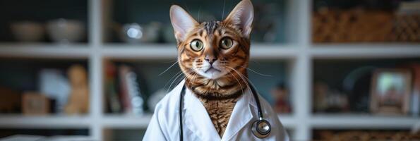 ai generato un' Bengala gatto è vestito nel un' bianca medici cappotto e indossare un' stetoscopio in giro suo collo, apparendo per essere pronto per medico doveri. foto