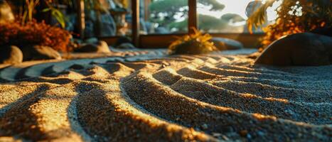 ai generato il d'oro leggero di tramonto calchi lungo ombre attraverso un' zen giardino sentiero foderato con liscio pietre, la creazione di un' tranquillo atmosfera foto