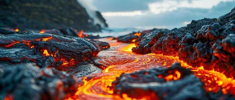 ai generato drammatico avvicinamento di raggiante fuso lava flusso contro un' attenuazione cielo, evidenziazione della natura crudo energia foto