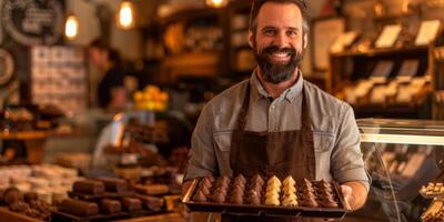 ai generato un' uomo con un' splendente Sorridi è visto Tenere un' scatola di cioccolatini nel un' negozio. il uomo appare per essere un' barbuto cioccolato artigiano, in mostra il suo fatto a mano cioccolatini per potenziale i clienti foto