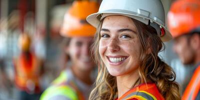 ai generato un' donna è visto indossare un' difficile cappello e sicurezza veste, in mostra fiducia nel un' costruzione ambientazione. lei è preparato per opera e mostre professionalità nel sua abbigliamento foto