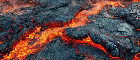 ai generato avvicinamento Visualizza di vivace fuso lava flusso in mostra il dinamico textures e intenso calore foto