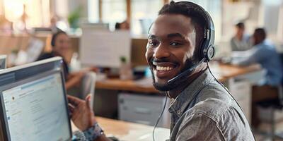 ai generato un' uomo indossare un' cuffia sorrisi a il telecamera, incarnando un coinvolgente cliente servizio rappresentante nel un' chiamata centro foto