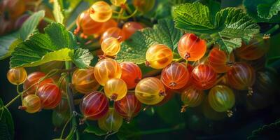 ai generato un' avvicinamento Visualizza di un' mazzo di fresco uva spina sospeso a partire dal un' albero, bagnata nel luce del sole. il vivace rosso colori In piedi su contro il verde le foglie nel il sfondo foto