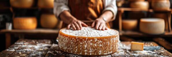 ai generato un' uomo è taglio un' pezzo di formaggio su superiore di un' di legno tavolo. il artigianale formaggio ruota è essere accuratamente affettato in più piccolo porzioni foto