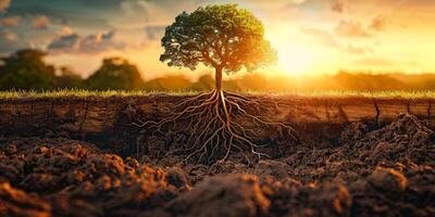 ai generato il Immagine cattura un' albero con suo radici fermamente a terra nel il suolo, in mostra il profondità e forza di suo fondazione. foto