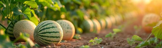 ai generato un' riga di maturo angurie si siede ordinatamente nel il mezzo di un' vasto campo. il frutta siamo pronto per raccolto, con loro verde bucce contrastante contro il Marrone suolo sotto. foto