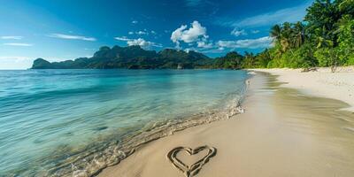 ai generato un' cuore forma ha stato disegnato nel il sabbia su un' soleggiato spiaggia. il intricato Linee di il cuore In piedi su contro il liscio struttura di il sabbioso costa, foto
