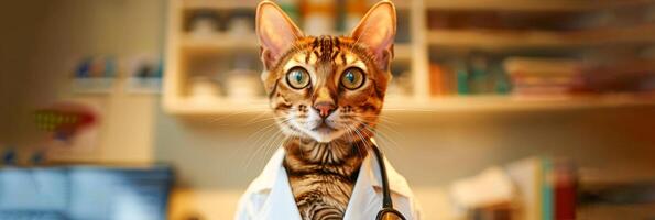 ai generato un' Bengala gatto è vestito nel un' bianca medici cappotto e indossare un' stetoscopio in giro suo collo, apparendo per essere pronto per medico doveri. foto