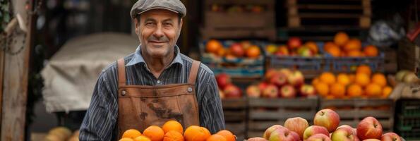 ai generato anziano frutta venditore a il suo mercato stalla foto