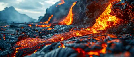 ai generato fuso lava flusso su aspro vulcanico paesaggio. ardente fuso lava flussi attraverso un' scuro, raffreddato vulcanico terreno, in mostra il crudo energia di natura foto