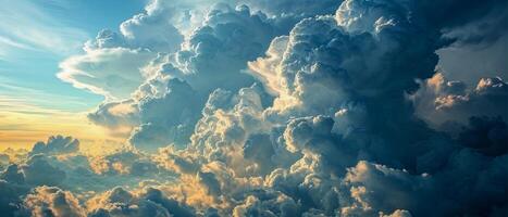 ai generato maestoso cumulo nuvole a alto altitudine. un' mozzafiato aereo Visualizza di torreggiante cumulo nuvole bagnata nel il d'oro leggero di il ambientazione sole foto