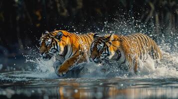 ai generato Due tigri siamo in esecuzione attraverso il acqua, spruzzi e giocando foto