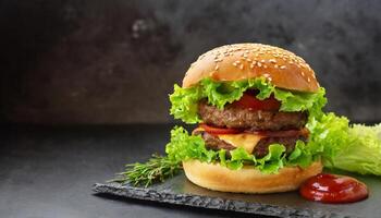 ai generato salato hamburger con verde lattuga, grigliato Manzo polpetta e ketchup con copia spazio foto