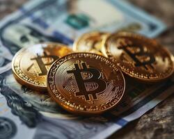 ai generato bitcoin oro monete e sfondo con sfocato dollaro. virtuale criptovaluta concetto foto