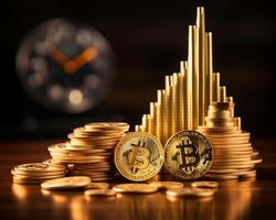 ai generato pile di oro bitcoin monete e grafico sfondo. virtuale criptovaluta concetto foto