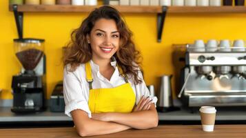 ai generato caffè e la gioia, sorridente femmina barista nel un' caffè negozio servendo un' caldo tazza di caffè, generativo ai foto