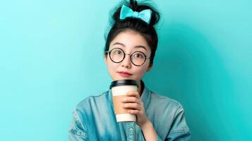 ai generato caffeina carino, sorridente giovane asiatico donna pose con sua preferito porta via caffè, generativo ai foto