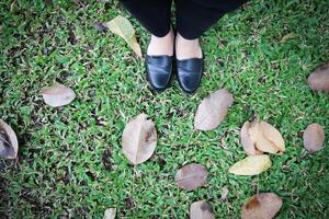 un' donna è in piedi nel il giardino o nel il cortile foto