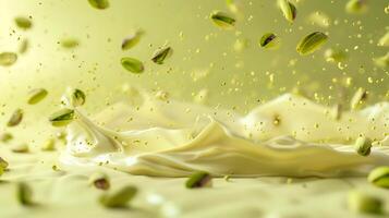 ai generato pistacchi caduta in bianca latte su un' leggero verde sfondo foto