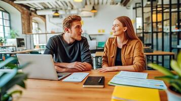 ai generato produttivo ambiente, uomo e donna professionisti impegnato nel opera con il computer portatile e documenti, generativo ai foto