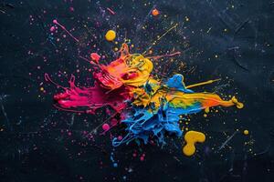 ai generato un' vivace spray di colorato dipingere schizzi contro un' nero superficie, la creazione di un' caotico ancora armonioso sinfonia di colori e trame. foto