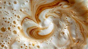 ai generato vicino su Visualizza di caffè miscelazione con latte nel bicchiere, panoramico tiro foto