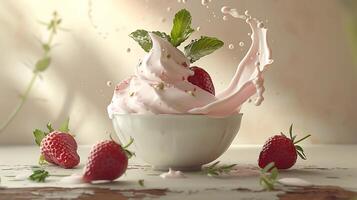 ai generato fragola frappè, frullato con frustato crema e fragola su superiore. foto